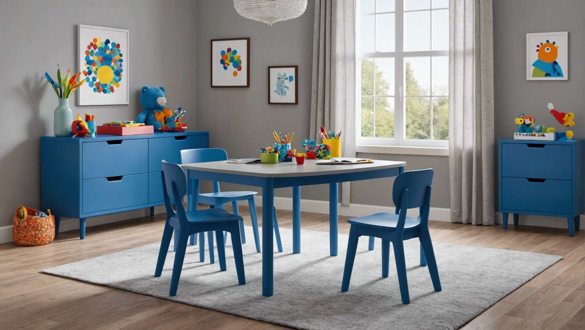 Comment choisir le mobilier parfait pour la chambre de votre enfant : optez pour une table grise et 4 chaises bleues ?