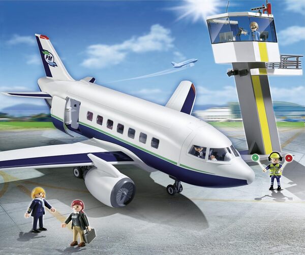 Playmobil - 5261 - Jeu de Construction - Avion et Tour de Contrôle 4 Personnages, 1 Grand Avion, 1 Tour de contrôle, 5 sièges de passagers, 1 Salle d'eau avec Toilettes