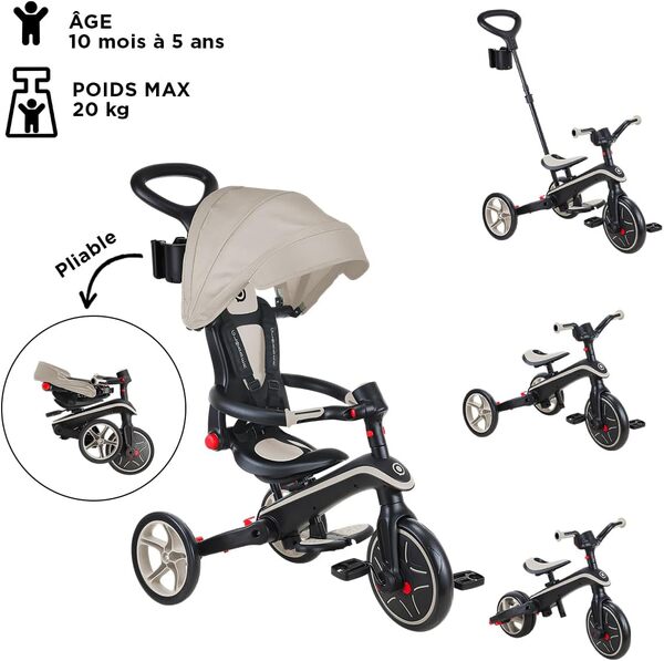 Globber - Tricycle Explorer 4 en 1 - Tricycle Pliable et évolutif en draisienne pour Les Tout-Petits de 10 Mois à 5 Ans - Taupe