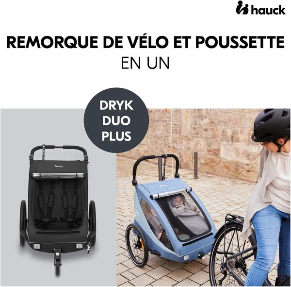 hauck Remorque Velo et Poussette Dryk Duo Plus avec Suspension, Chariot Enfant 2 Places (6-48 Mois), Inclus Barre d'Attelage, Roue, Fanion, Lumière, Pliable, Coffre XL - Noir