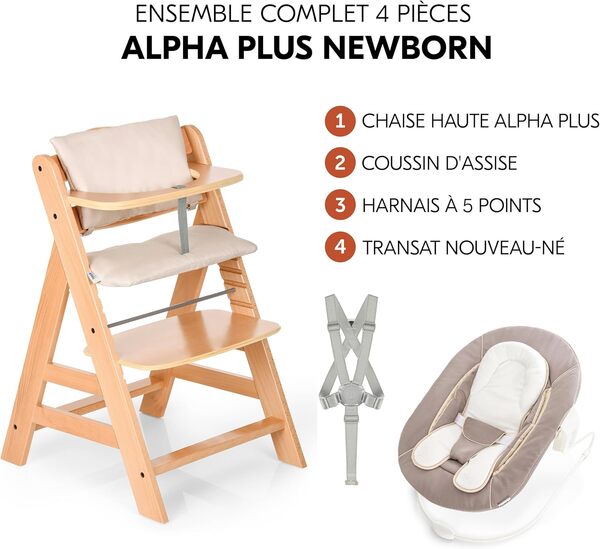 hauck Chaise Haute Bébé Évolutive Alpha Plus avec Insert Nouveau-né 2-en-1 – Utilisable dès la Naissance avec Réducteur Amovible et Coussin d’Assise Inclus, Idéal pour Repas - Naturel Beige