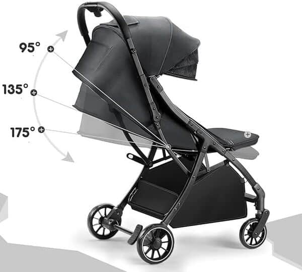 BEBE2LUXE Okto – Poussette canne ultra‑compacte naissance–4 ans (0‑22 kg), 6,9 kg, pliage d'une‑main, position allongée, harnais 5 pts, canopy XXL (gris)