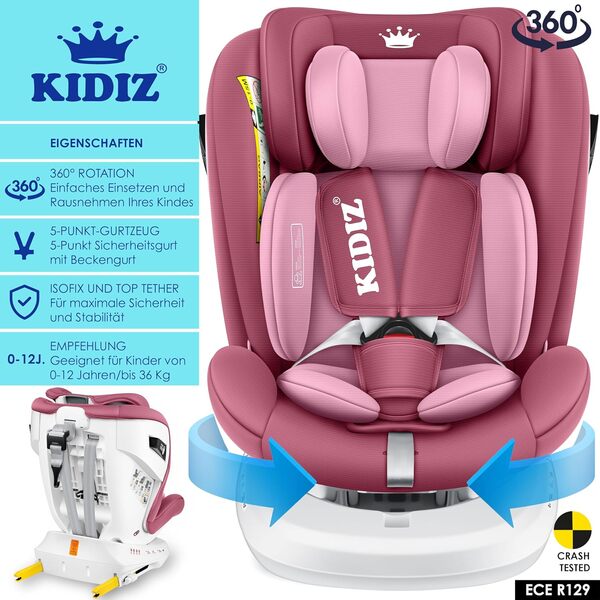 KIDIZ® Siège auto pour enfant | Siège auto pour bébé | Siège auto pour enfant Isofix Top Tether | pivotant à 360°, groupe 0/1/2/3, dès la naissance, de 0 à 36 kg | Avec pare-soleil (Rose)