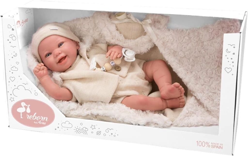 Test de la poupée reborn Arias Diego 45 cm avec sac de couchage multicolore