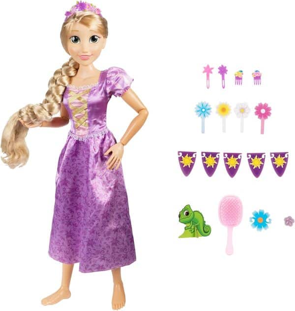 Disney Princesses - Grande Poupée Articulée Raiponce avec Accessoires - 80 Cm - Tresse Soyeuse - Licence Officielle - Posable - Accessoire coiffures Inclus - Cadeau Poupée Enfant - 3 Ans +