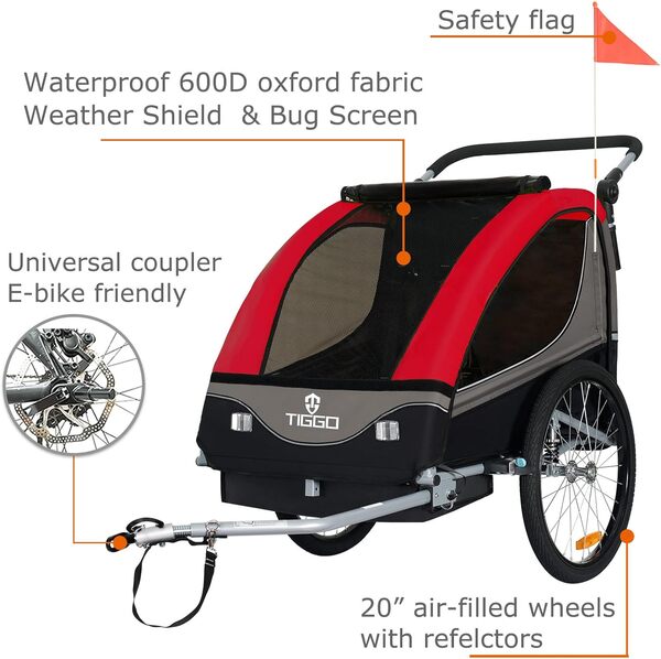Tiggo S2 Remorque pour Enfants 2 en 1 Velo Remorque Suspension 5 Points Ceinture de securite 360° Roue Avant Jogger Poussette