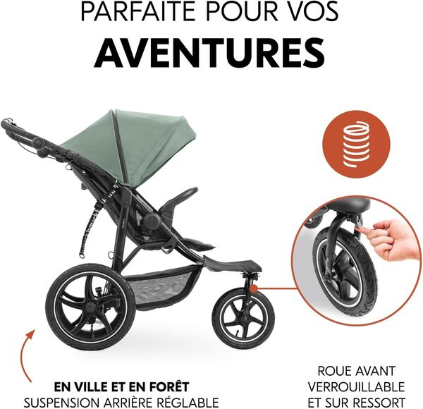hauck Runner 3 Jungle Green – Poussette 3 Roues Bébé avec Grandes Roues Air, Suspension, Frein à Main, Canopy XL, Fenêtre Maille, Panier Couvercle, Inclinable, Porte-Gobelet, de la Naissance à 22 kg