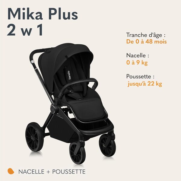 LIONELO MIKA PLUS 2 en 1 Poussette 0 à 48 mois jusqu'à 22 kg Nacelle jusqu'à 9 kg, Réglage du Dossier et du Repose-pied, Coussin, Roues Pivotantes 360° en PU Auvent XXL (Black Onyx)