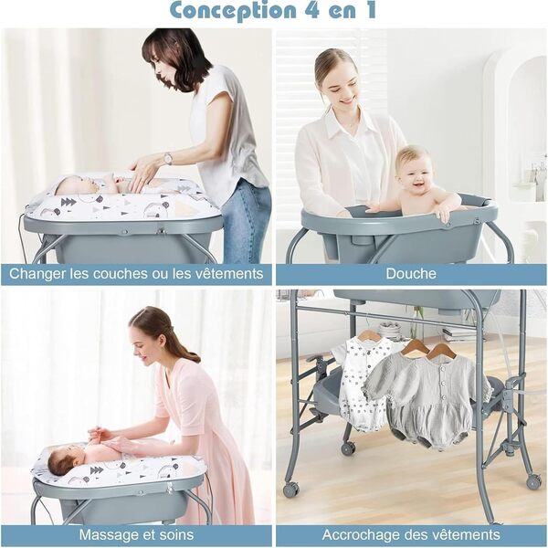 GOPLUS Baignoire Pliable Bébé 4 en 1, Baignoire Bebe sur Pied, avec Panier de Rangement et Roues Verrouillables, Charge 35 KG, Table a Langer avec Baignoire pour 0-12 Mois (Gris Foncé)