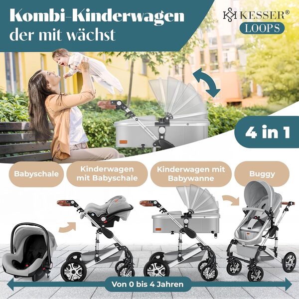 Ensemble poussette combinée 4 en 1 KESSER® avec nacelle, siège poussette, pneus en caoutchouc plein, sac à langer, protection contre la pluie, tablette pour enfant, ECE R129, Gris/Argent
