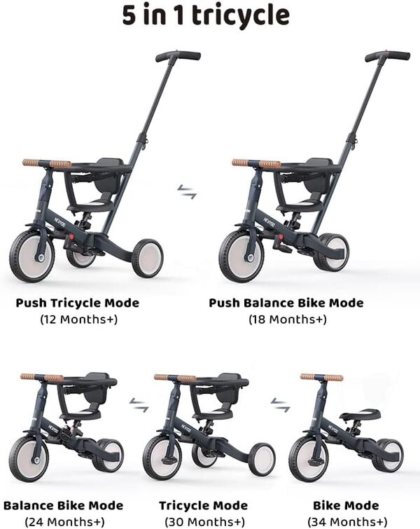 newyoo Tricycle Draisienne 5 en 1, Tricycle Bébé Évolutif 1-3 Ans avec Barre Poussée, Vélo Enfant, Guidon Réglable, Barres Sécurité, Jouet à Chevaucher, Cadeau Anniversaire, TR008, Gris Anthracite
