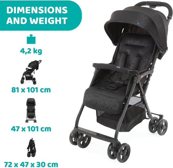 Chicco OHlalà 3 Poussette Canne Bébé Ultra légère, Compacte, Pliable et Inclinable de la Naissance à 15 kg, avec un Grand Panier, Housse de Pluie Incluse, et Toit Extensible - Jet Black