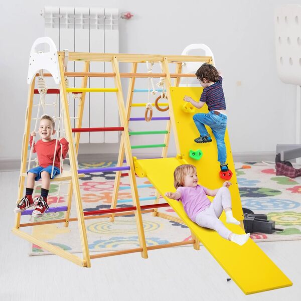 LIFEZEAL 8 en 1 Set Jeux Escalade Enfant avec Balançoire et Tobbogan en Bois, Filet & Échelle & Rocher à Grimper, Anneaux Gymnastique, Aire de Jeux Intérieur, 3+ Ans, Charge de 240 kg (Coloré)