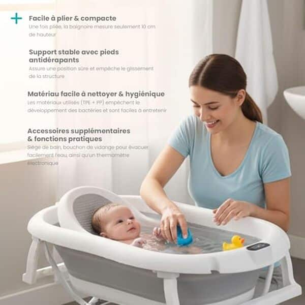 Découvrez notre test complet de la baignoire pliante Primabobo, équipée d'un thermomètre et d'un coussin, pour offrir confort et sécurité à votre bébé lors du bain.