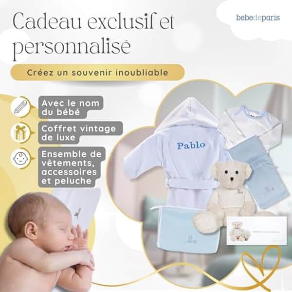 Découvrez notre avis sur le coffret cadeau de naissance personnalisé avec peignoir bleu et peluche. Un présent unique et touchant pour accueillir bébé avec élégance et tendresse. 
