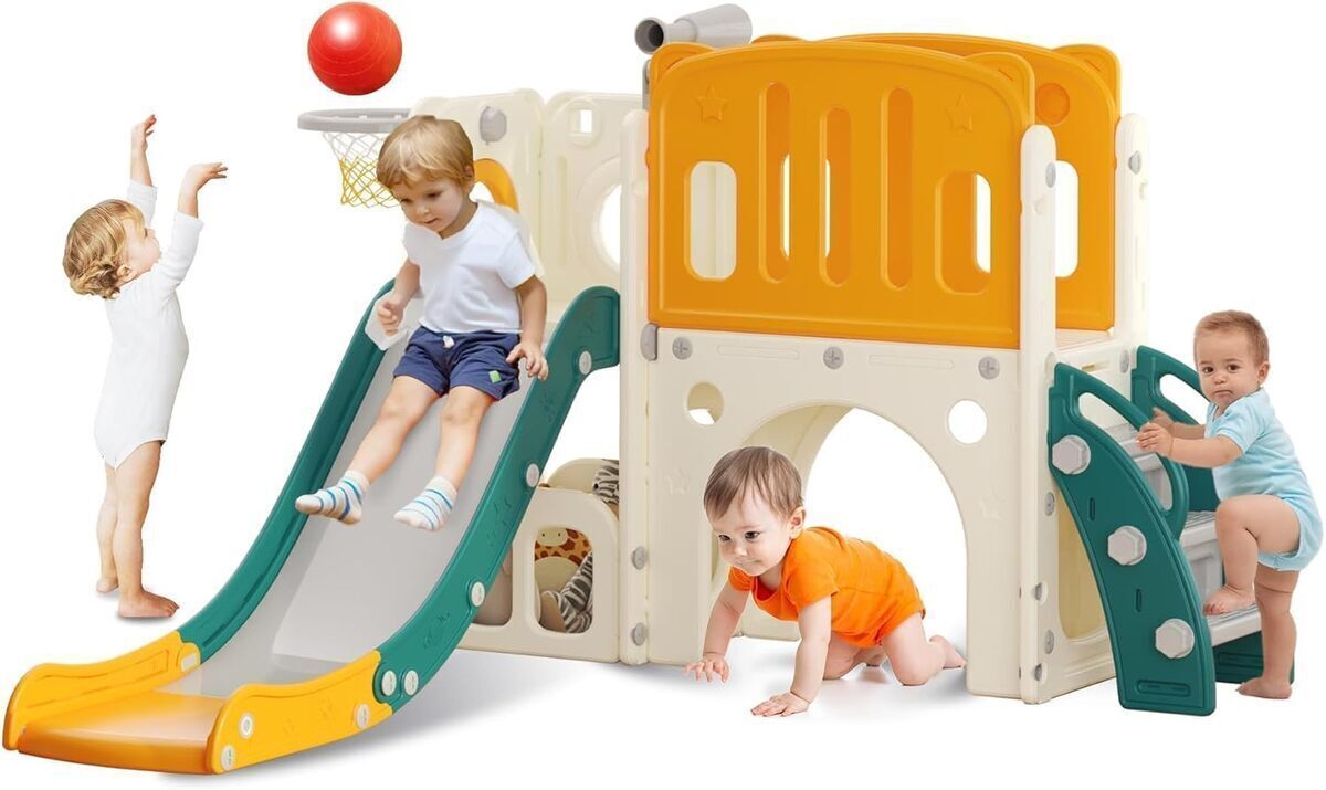 Test : toboggan hoopyosms avec échelle et panier de basket pour enfants